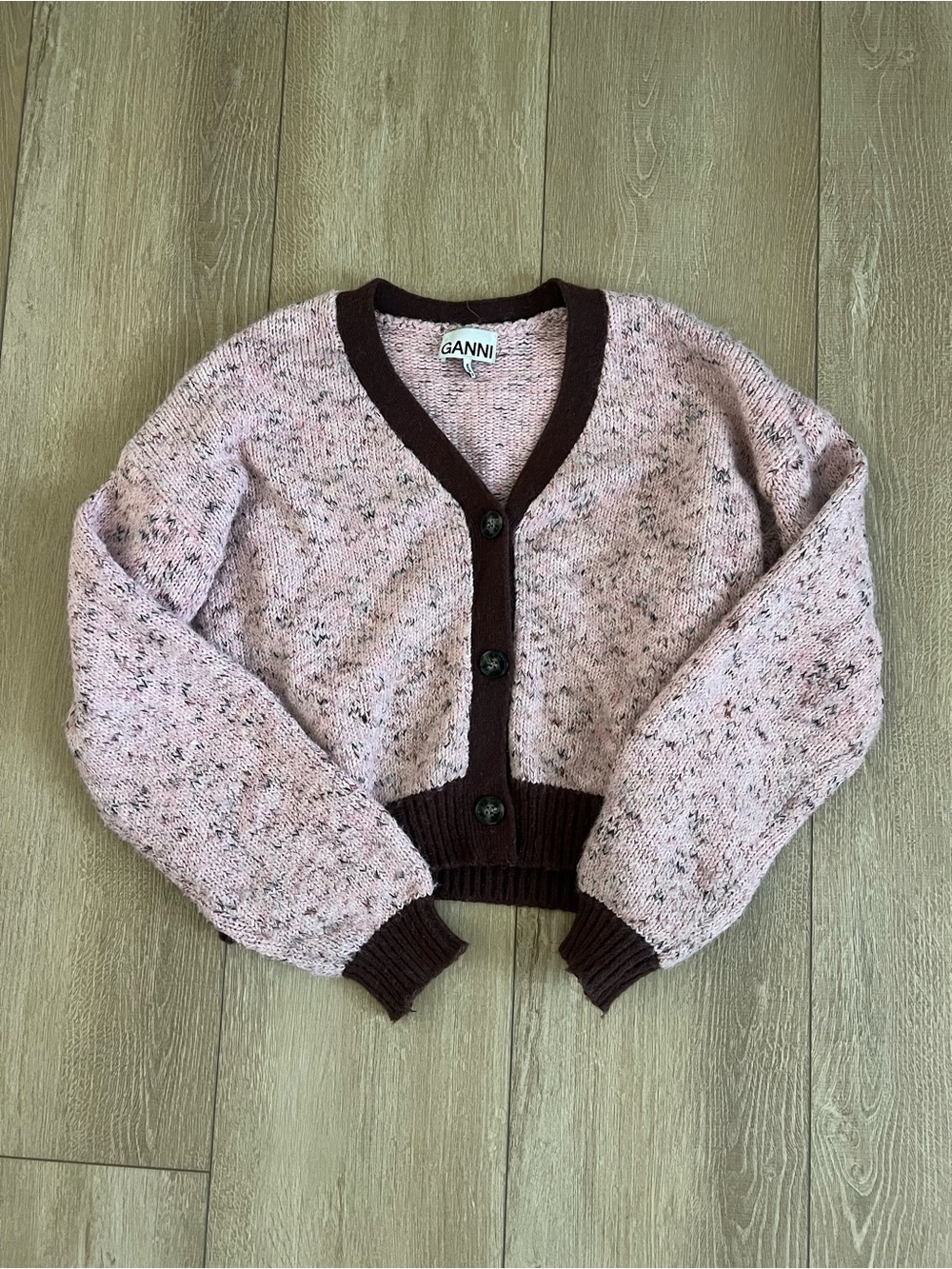 GANNI Pink Speckled V-Neck Wool Blend Cardigan women’s S / M